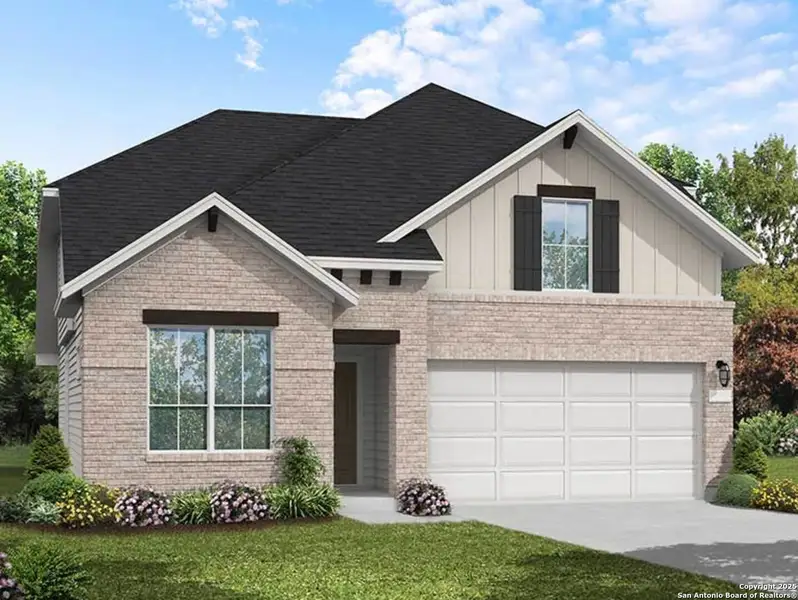 Front exterior of a new home in Sunflower Ridge, New Braunfels, TX, highlighting curb appeal (Image 1). Front exterior of a new home in Sunflower Ridge, New Braunfels, TX, highlighting curb appeal (Image 1).