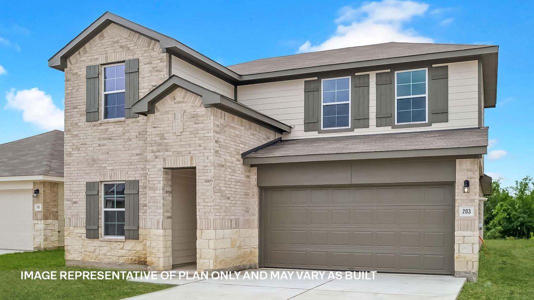 Front exterior of a new home in Prairie Lakes, Buda, TX, highlighting curb appeal (Image 15).