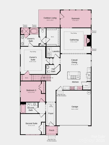 First Floor Plan - Structural options added include: second floor with a game room, bed with full bathroom, additional bedroom on main floor, trey ceiling in owner's suite, foyer, and gathering room, gas fireplace, additional windows in the gathering room