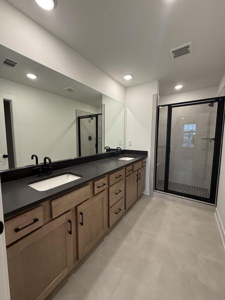 Bathroom with double vanity, a stall shower, and recessed lighting