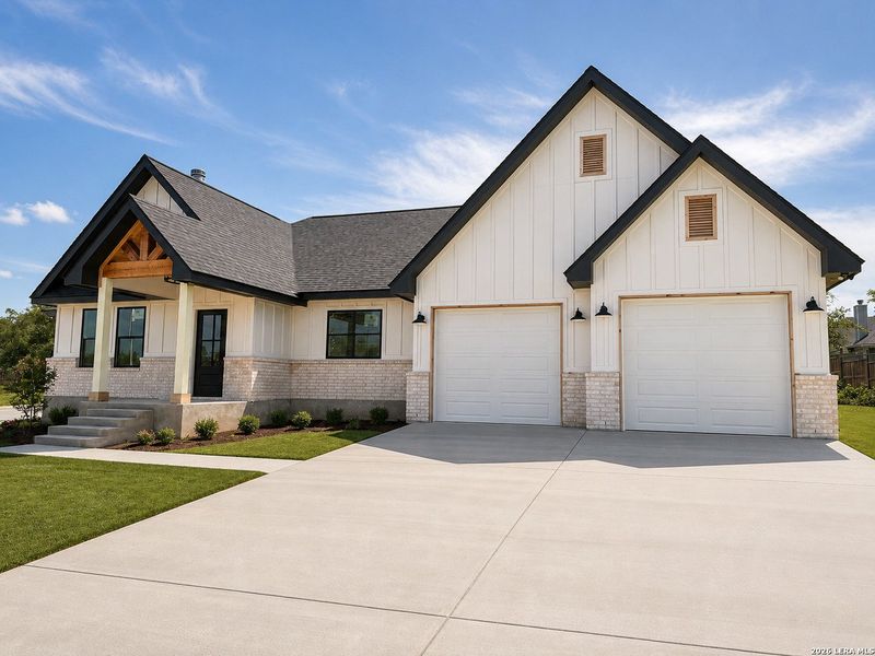 Front exterior of a new home in , La Vernia, TX, highlighting curb appeal (Image 1). Front exterior of a new home in , La Vernia, TX, highlighting curb appeal (Image 1).