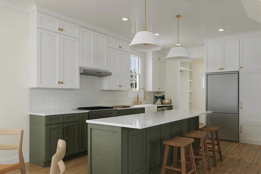 Kitchen with green cabinets, white cabinets, stainless steel refrigerator, decorative backsplash, and light wood-style flooring