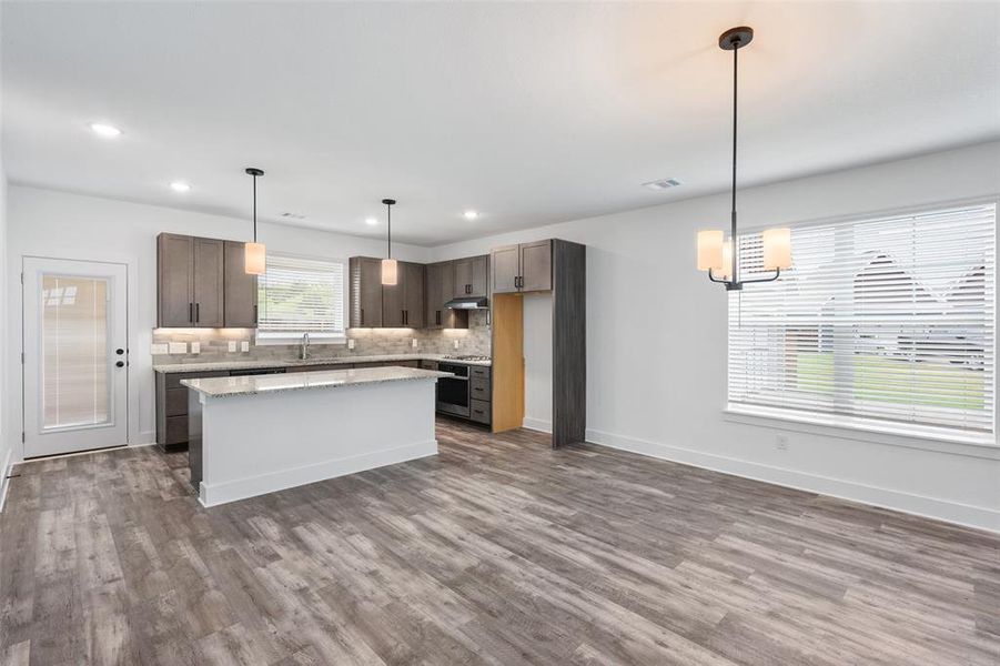 Kitchen with tasteful backsplash, wood finished floors, under cabinet range hood, and a sink Kitchen with tasteful backsplash, wood finished floors, under cabinet range hood, and a sink