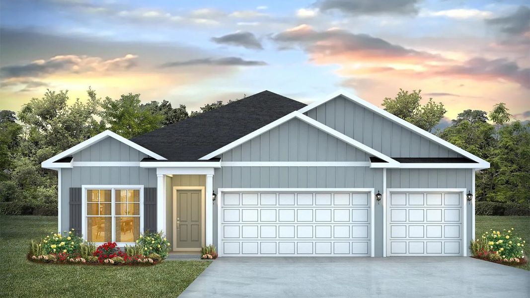 Front exterior of a new home in Hodges Bayou Plantation, Panama City, FL, highlighting curb appeal (Image 2). Front exterior of a new home in Hodges Bayou Plantation, Panama City, FL, highlighting curb appeal (Image 2).