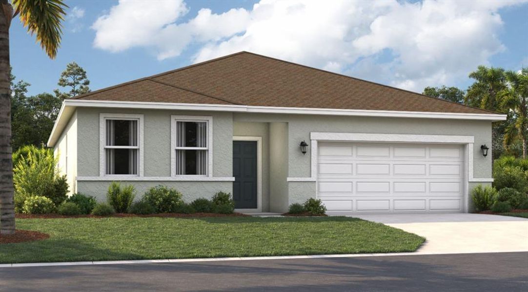 Front exterior of a new home in Covered Bridge at Liberty Bluff, Haines City, FL, highlighting curb appeal (Image 1).