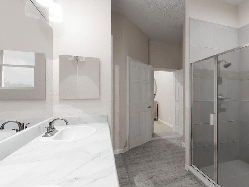 Your suite is complete with a walk-in wardrobe and dual-vanity en-suite bath. (Artists` rendering)