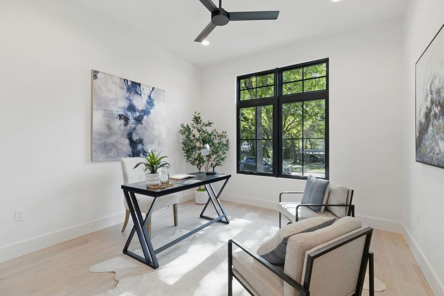 Home office with ceiling fan, light wood-style floors, and recessed lighting