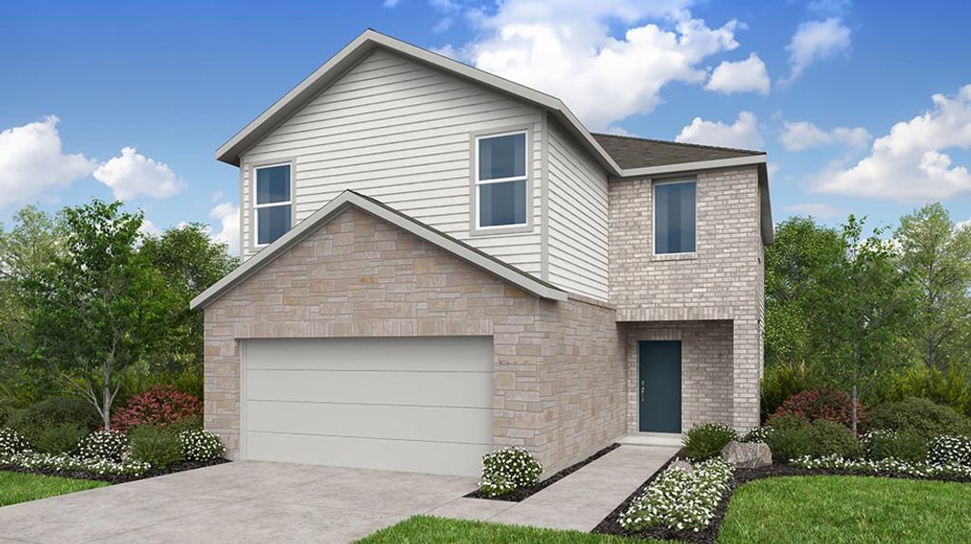 Front exterior of a new home in Longview, Del Valle, TX, highlighting curb appeal (Image 1). Front exterior of a new home in Longview, Del Valle, TX, highlighting curb appeal (Image 1).