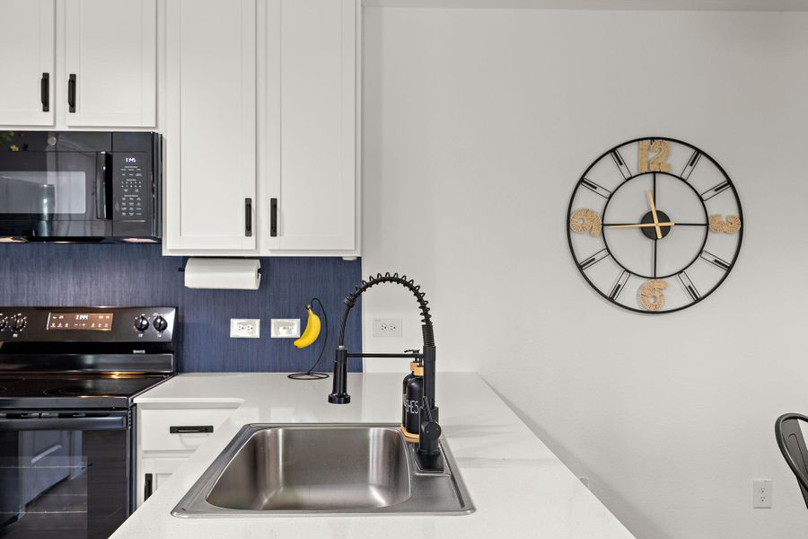 Upgraded faucet adds style and everyday functionality. Upgraded faucet adds style and everyday functionality.