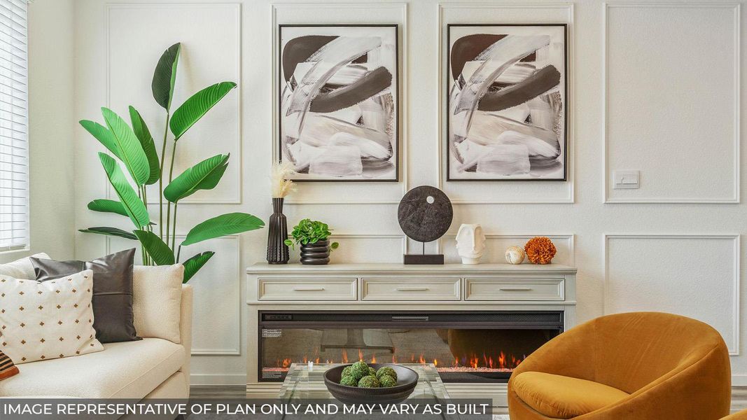 Wall-mounted electric fireplace with a decorative mantel and hearth