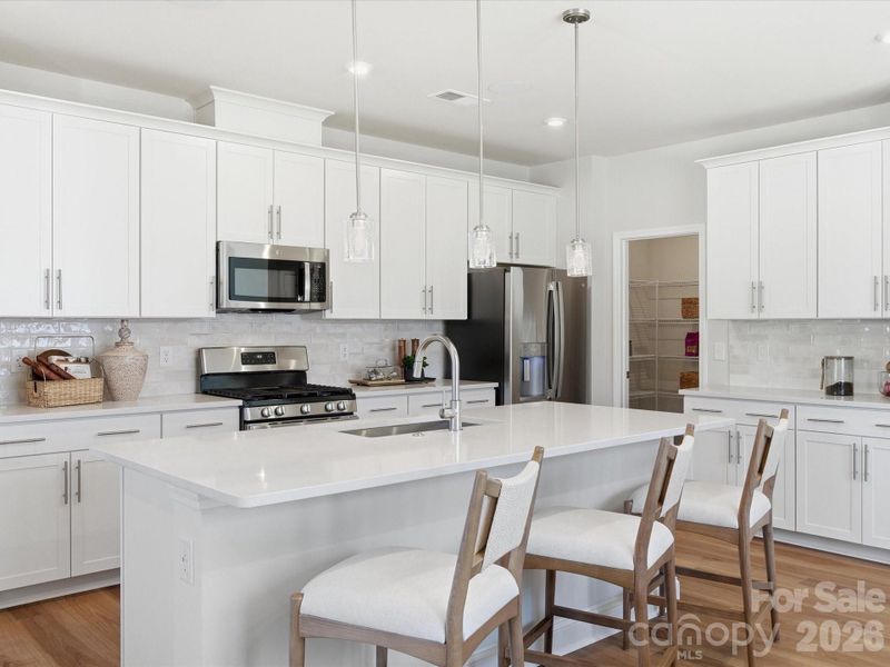 Chef-inspired kitchen with white cabinets and quartz countertops