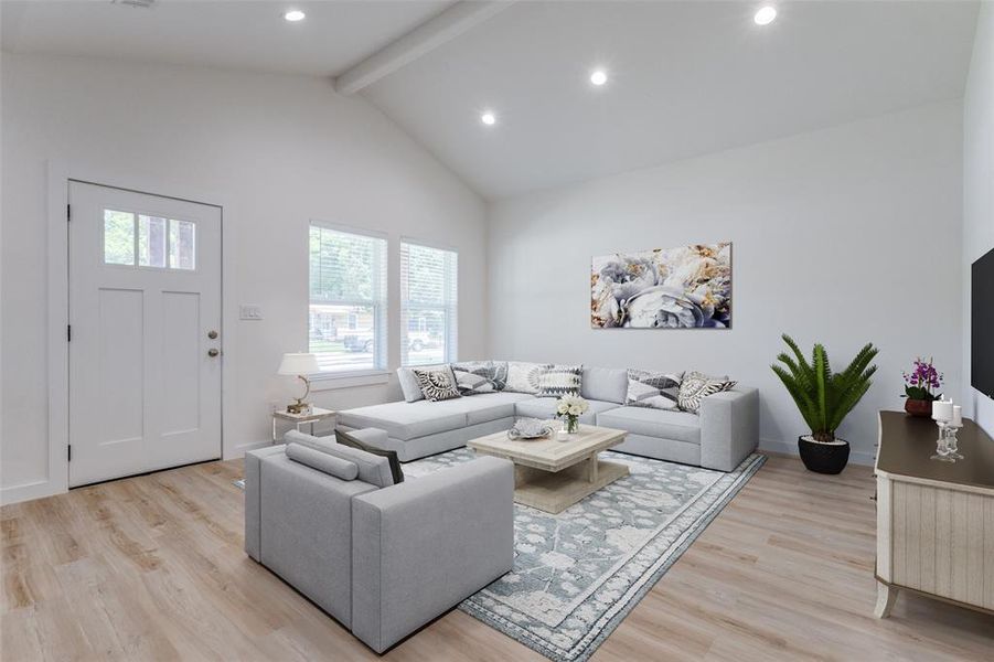 Living room with beamed ceiling, light hardwood / wood-style flooring, and high vaulted ceiling