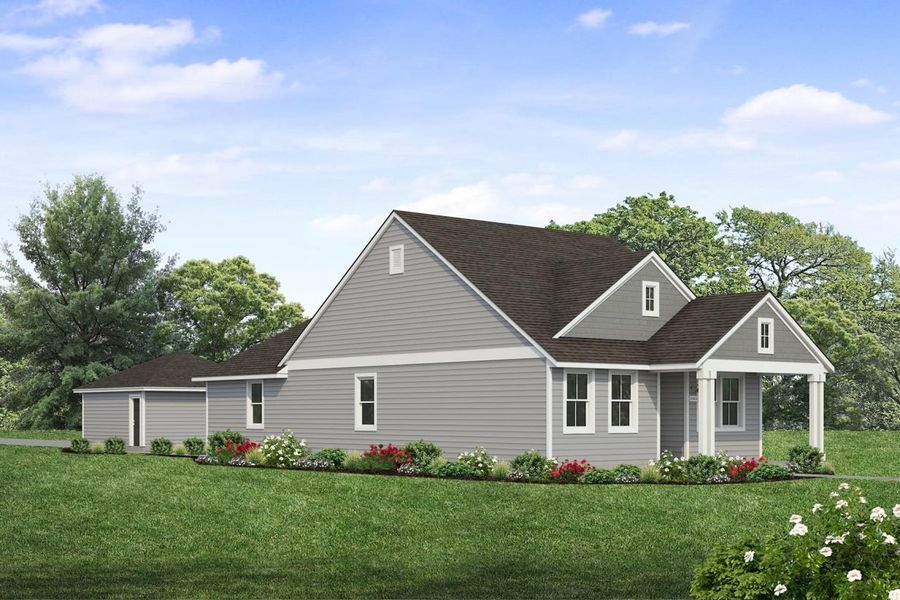 Rendering of one story two-tone grey home with black door and detached garage with sky and landscaping Rendering of one story two-tone grey home with black door and detached garage with sky and landscaping