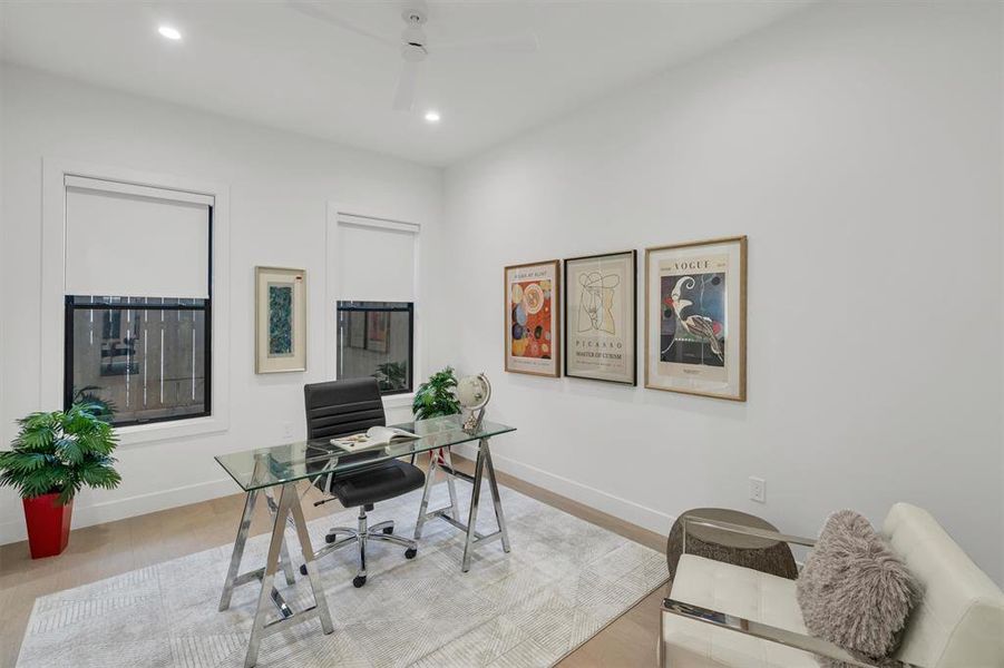 Home office with ceiling fan, wood finished floors, and recessed lighting Home office with ceiling fan, wood finished floors, and recessed lighting