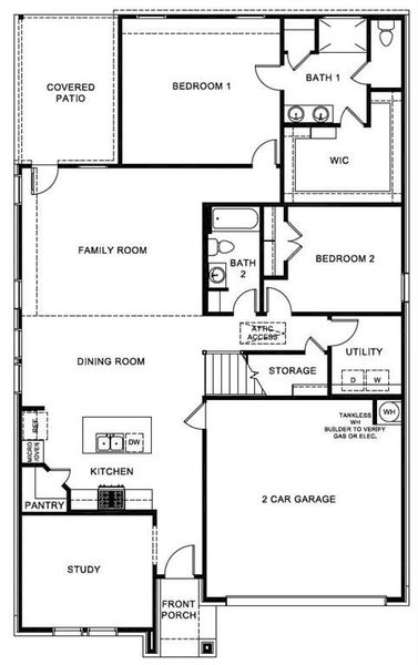 D.R. Horton's Quail floorplan, 1st floor - All Home and community information, including pricing, included features, terms, availability and amenities, are subject to change at any time without notice or obligation. All Drawings, pictures, photographs, video, square footages, floor plans, elevations, features, colors and sizes are approximate for illustration purposes only and will vary from the homes as built.