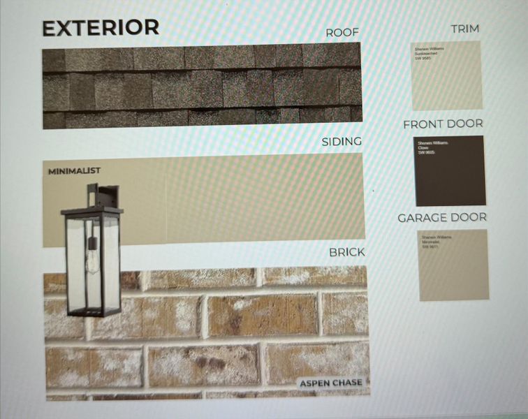 Exterior Materials Specification. Displaying proposed finishes for the property's exterior elements Exterior Materials Specification. Displaying proposed finishes for the property's exterior elements
