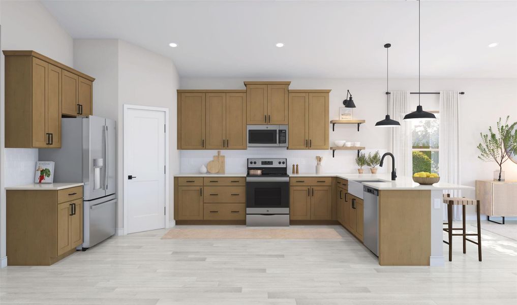 Gorgeous kitchen with light stain cabinets and quartz counters (*Artist rendering used for illustration purposes only.)