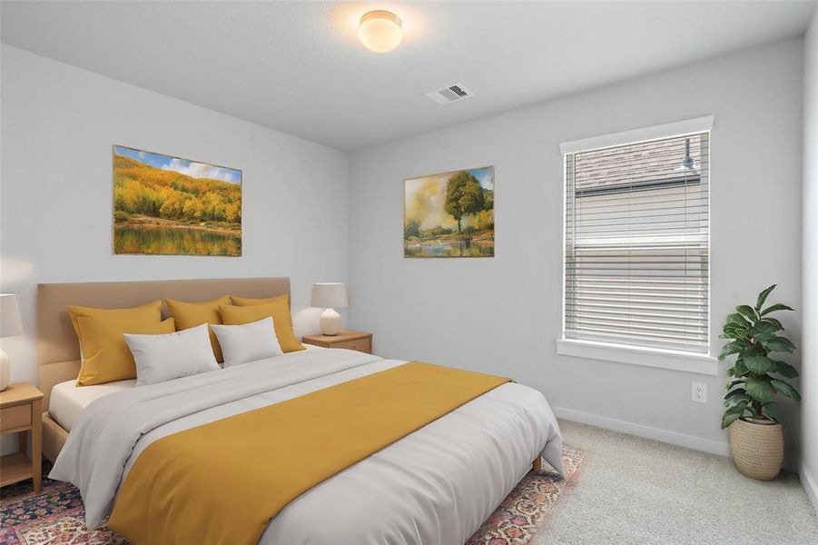 Secondary bedroom features plush carpet, custom paint, high ceilings, and large window with privacy blinds.