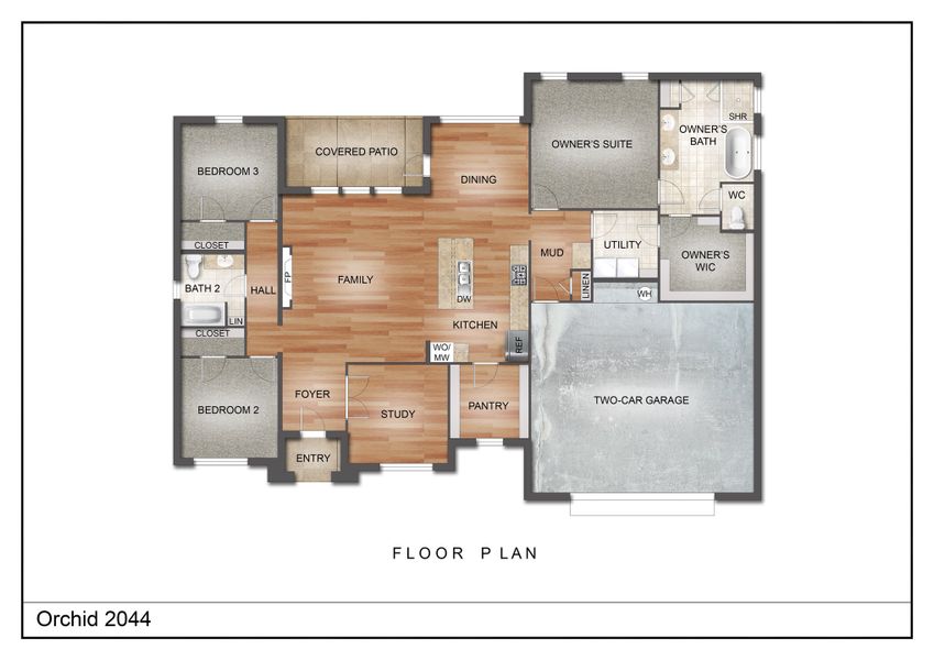 2D floor plan layout for the The Orchid by Kenmark Homes in Coyote Crossing, Godley, TX (Image 3). 2D floor plan layout for the The Orchid by Kenmark Homes in Coyote Crossing, Godley, TX (Image 3).