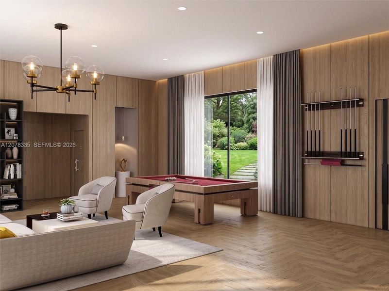 Bright open-concept living room with sleek wood built-ins, elegant chandelier, and pool views.