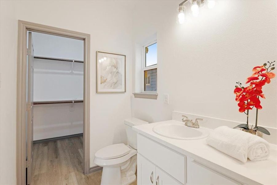 Bathroom with vanity, hardwood / wood-style flooring, and toilet