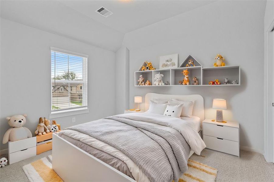 Secondary bedroom features plush carpet, custom paint and a large window.