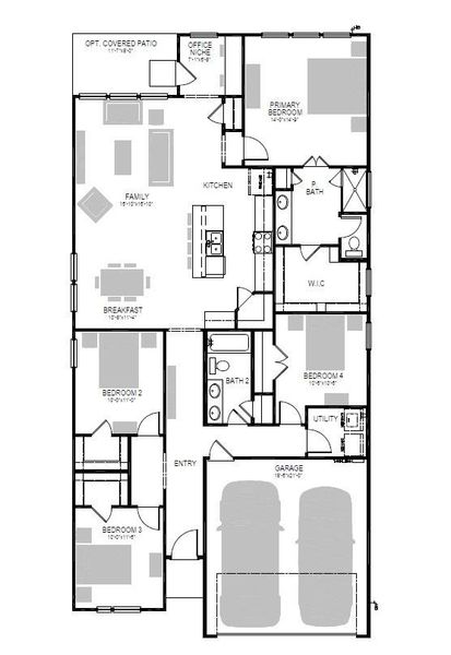 2D floor plan layout of this home in Prairie Winds, Hutto, TX (Image 3).