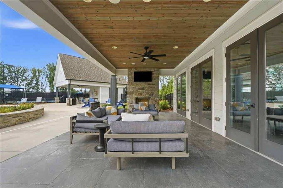 Exterior details and patio area of a home in The Retreat at Sterling on the Lake 48', Flowery Branch (Image 21).