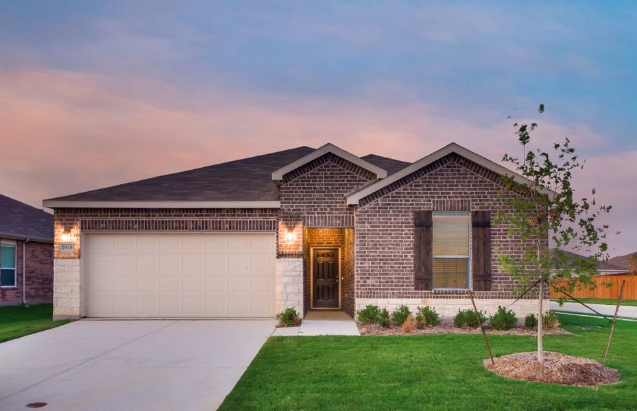 The Rayburn, a one-story home with 2-car garage, shown with Home Exterior Q