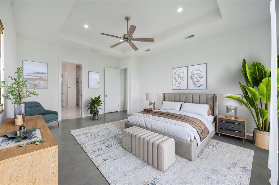 Bedroom with ceiling fan, finished concrete floors, visible vents, a tray ceiling, and recessed lighting Bedroom with ceiling fan, finished concrete floors, visible vents, a tray ceiling, and recessed lighting