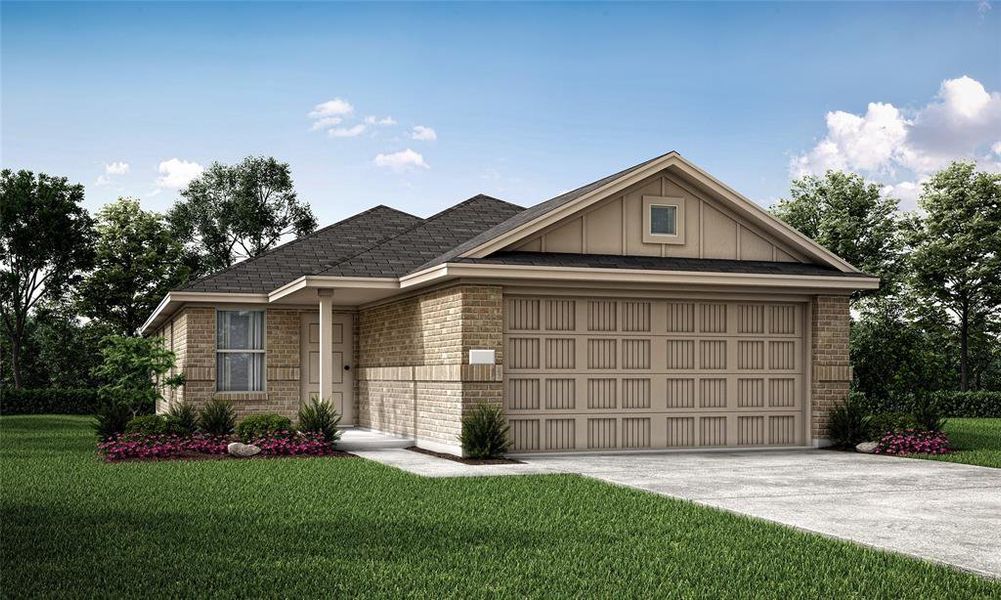 View of front facade featuring a garage and a front yard