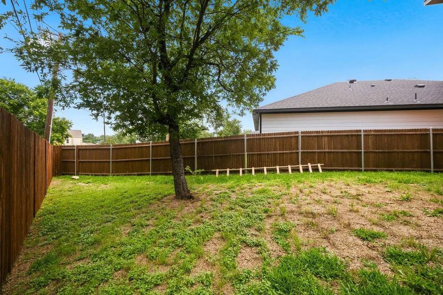 Expansive backyard featuring a mature tree, natural grass, and complete wood privacy fencing Expansive backyard featuring a mature tree, natural grass, and complete wood privacy fencing