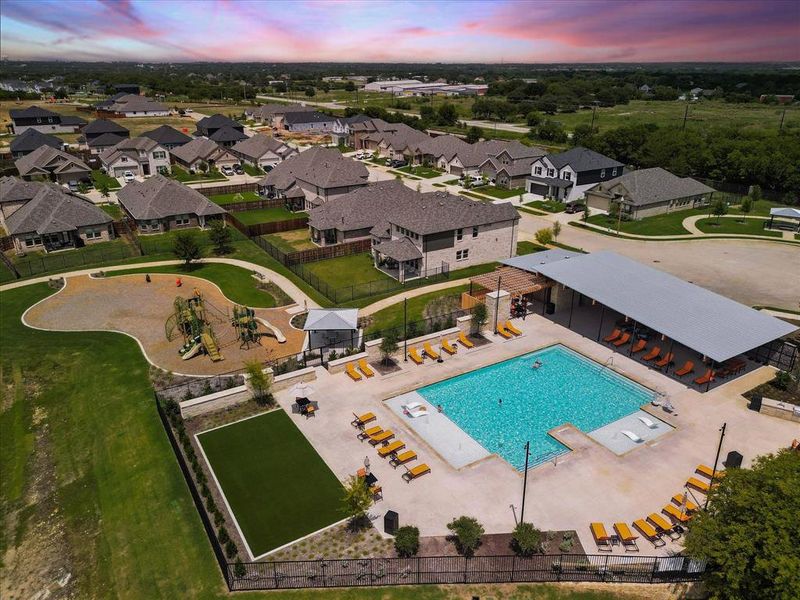 Aerial view at dusk of view of pool. *virtual twilight added