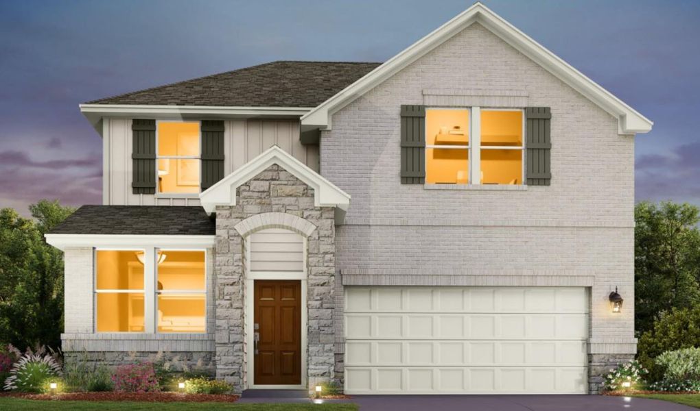 Front exterior of a new home in Covered Bridge, Hutto, TX, highlighting curb appeal (Image 1).
