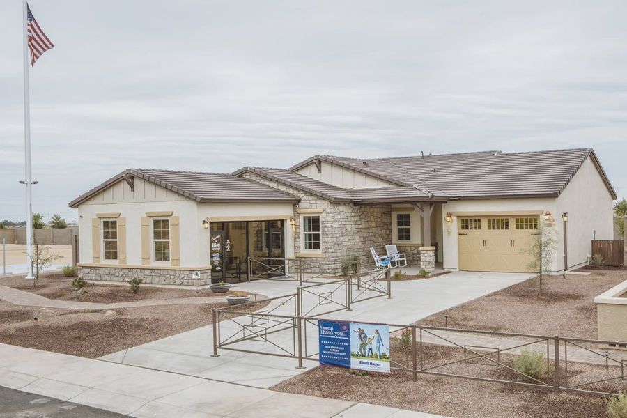 Representative exterior photo of a completed home built from the Atwood by Elliott Homes in Valencia at Granite Vista, Waddell, AZ (Image 2). Representative exterior photo of a completed home built from the Atwood by Elliott Homes in Valencia at Granite Vista, Waddell, AZ (Image 2).
