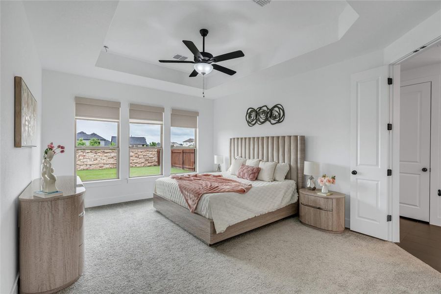 A tranquil primary bedroom features a tray ceiling and ample natural light through large windows.