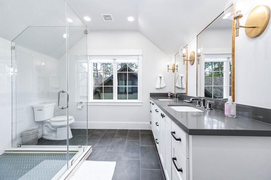 Upstairs Bathroom with double sinks!