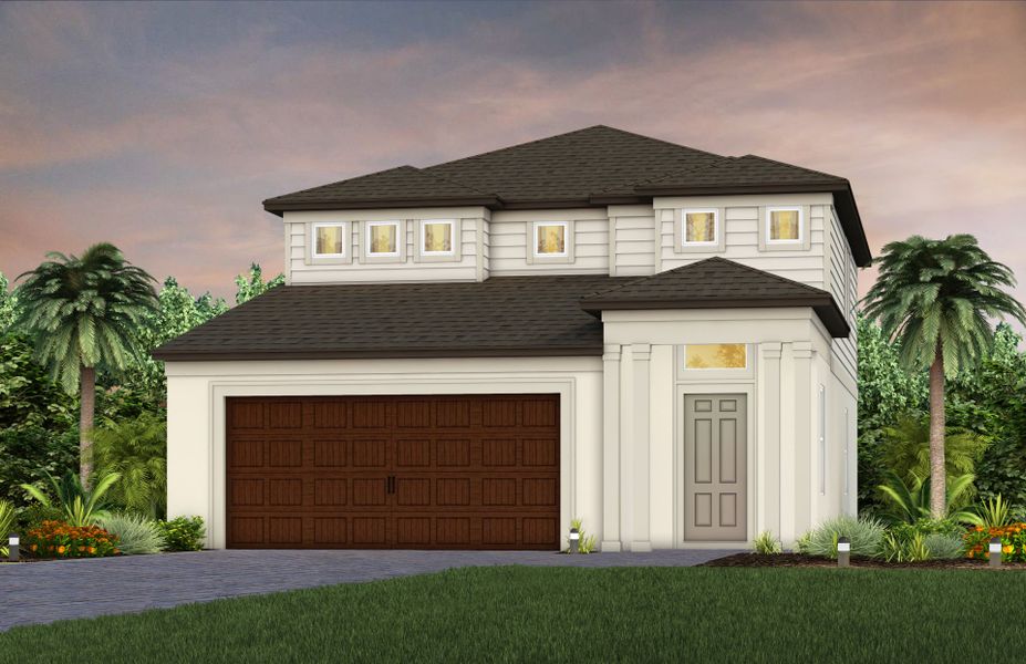 Front exterior of a new home in Vida's Way, Wesley Chapel, FL, highlighting curb appeal (Image 1). Front exterior of a new home in Vida's Way, Wesley Chapel, FL, highlighting curb appeal (Image 1).