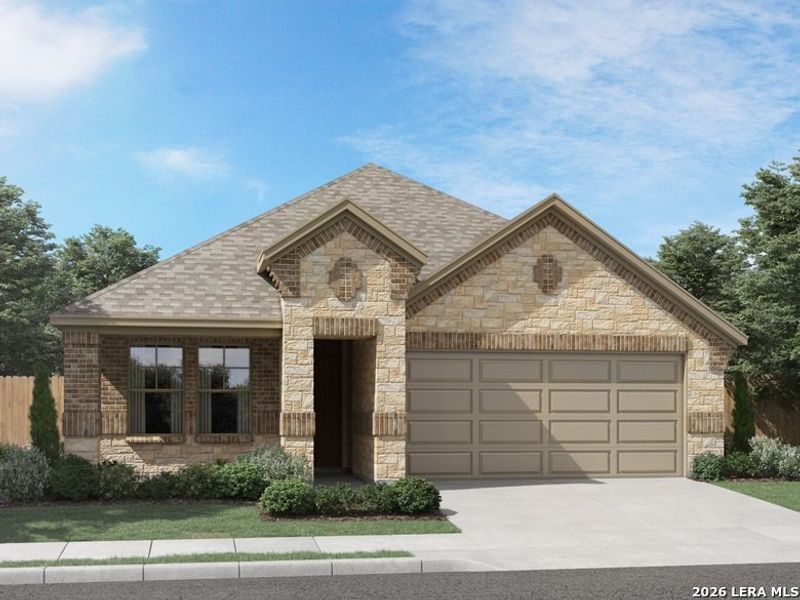 Front exterior of a new home in Arcadia Ridge - Premier Series, San Antonio, TX, highlighting curb appeal (Image 1). Front exterior of a new home in Arcadia Ridge - Premier Series, San Antonio, TX, highlighting curb appeal (Image 1).