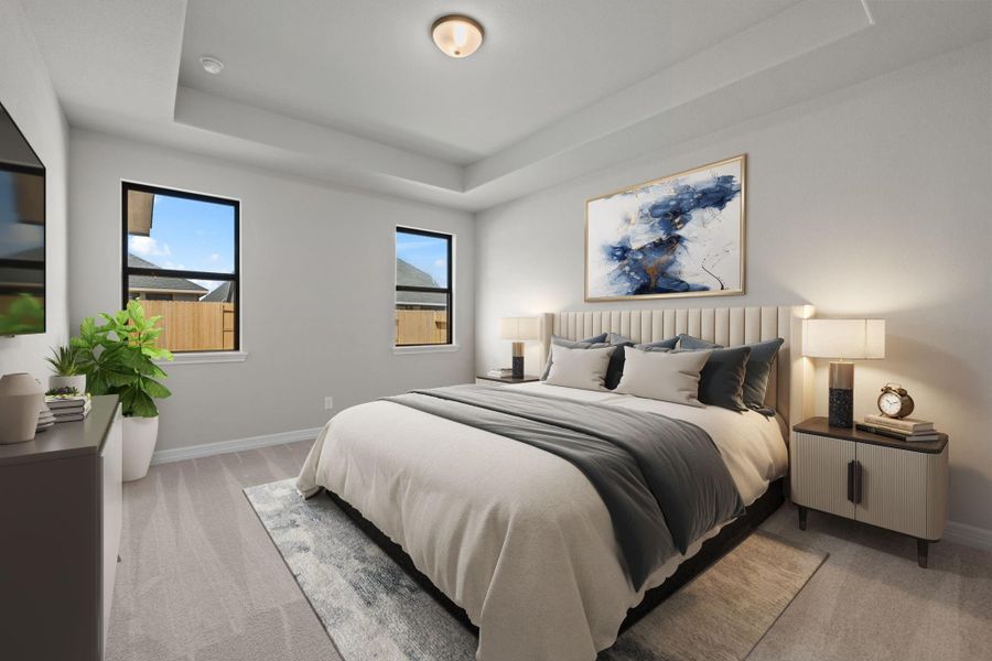 The primary bedroom is generously sized, creating a tranquil and spacious retreat that offers ample room for relaxation. Featuring plush carpet, high ceilings, fresh paint, and large windows that lets in natural lighting throughout the day.