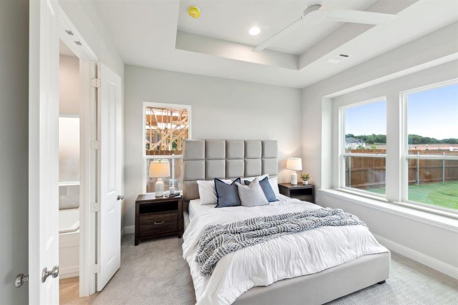 Carpeted bedroom with multiple windows, ensuite bathroom, and a tray ceiling