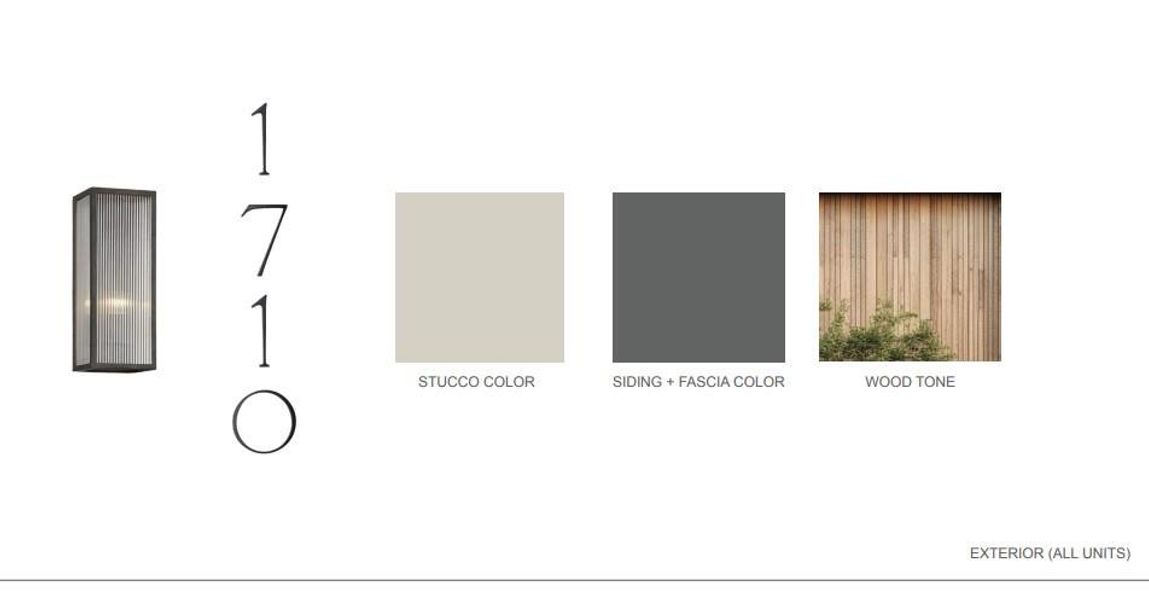 Exterior Finishes Specification. Illustrating material and color selections for the property's exterior elements