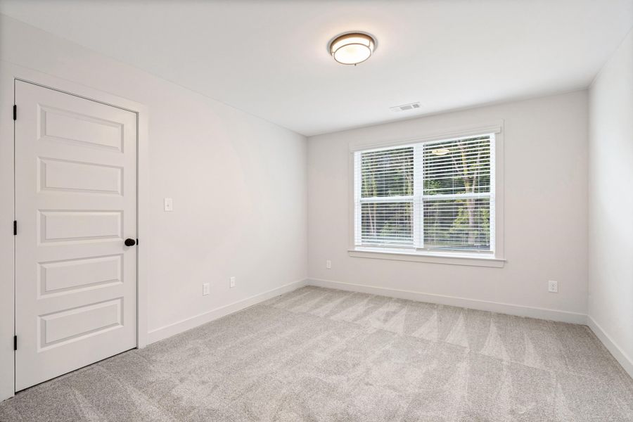 Bright room featuring a large window with horizontal blinds, neutral carpet flooring, and a modern five-panel interior door with a black knob Bright room featuring a large window with horizontal blinds, neutral carpet flooring, and a modern five-panel interior door with a black knob
