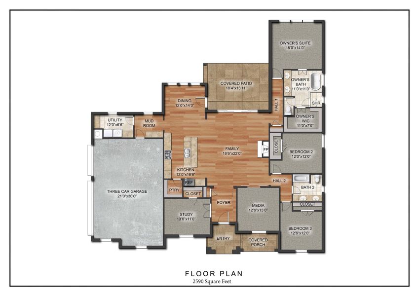 2D floor plan layout for the The Waco by Kenmark Homes in Escondido Ranches, Weatherford, TX (Image 2).