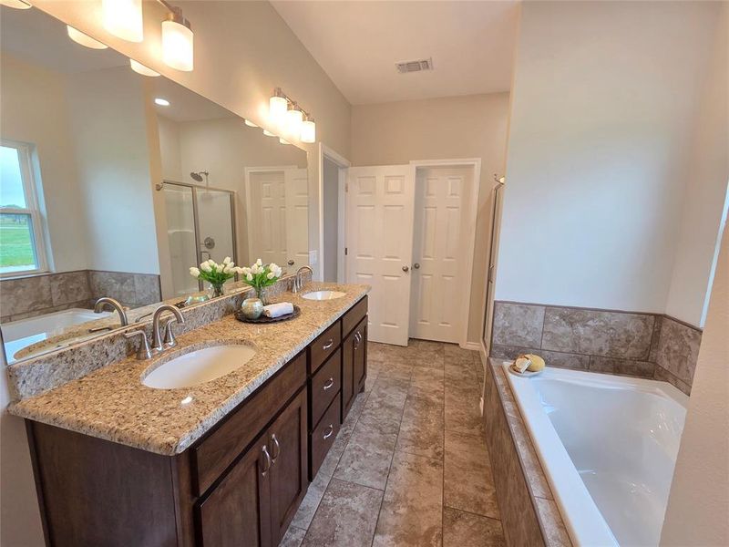 Full bathroom featuring double vanity, a shower stall, and a bath Full bathroom featuring double vanity, a shower stall, and a bath