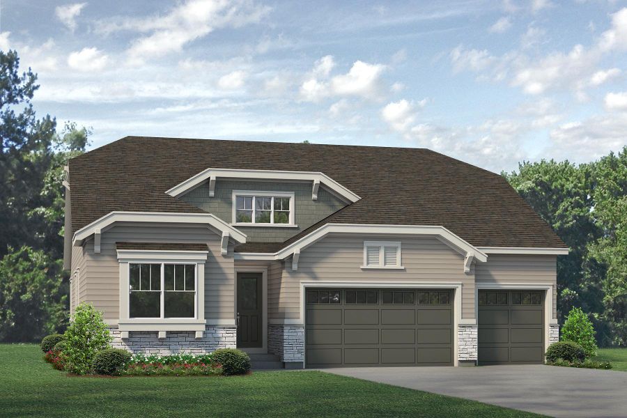 Representative exterior photo of a completed home built from the Minturn by Risewell Homes in Highlands Preserve, Mead, CO (Image 15).