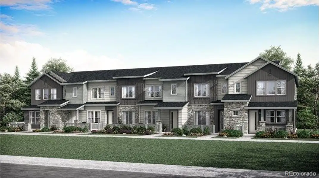 Front exterior of a new home in Sky Ranch, Watkins, CO, highlighting curb appeal (Image 1). Front exterior of a new home in Sky Ranch, Watkins, CO, highlighting curb appeal (Image 1).