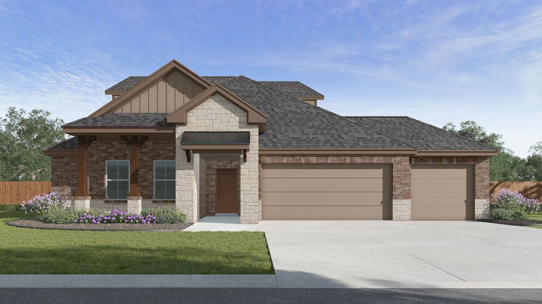 Front exterior of a new home in The Woods, Lumberton, TX, highlighting curb appeal (Image 20).
