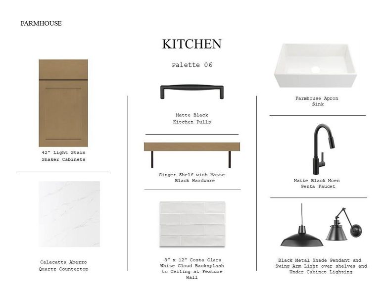 Farmhouse Look Palette 6: Kitchen Selection Sheet (*Artist rendering used for illustration purposes only.)