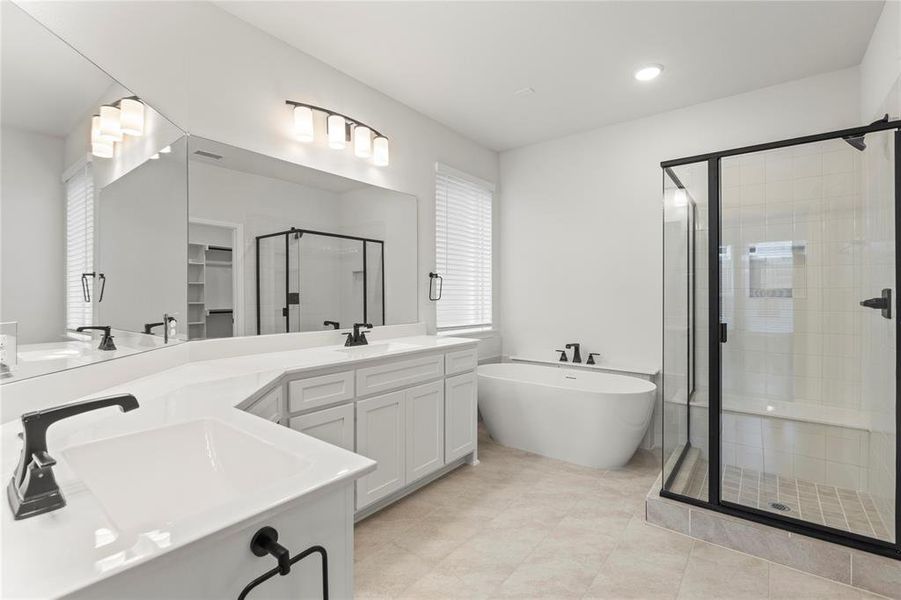 Bathroom with tile patterned flooring, separate shower and tub, and double sink vanity